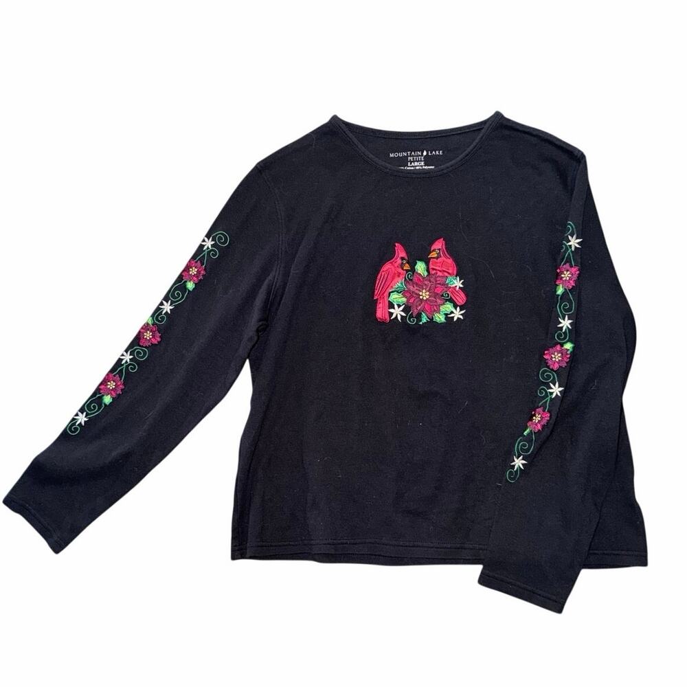 Mountain lake black long sleeve embroider holiday top large petite gay cardinals